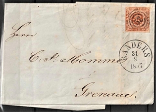 FRIMÆRKER DANMARK | 1854-57 - AFA 4 - 4 Skilling brun på brev - Stemplet Randers